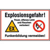 Hinweisschilder zur Betriebskennzeichnung Explosionsgefahr! Feuer, offenes Licht und Rauchen