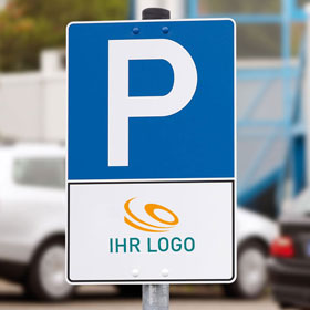 Individuell gefertigtes Parkplatzschild mit Logo Aluminium 2,0 mm wei, Ecken rund, ohne Bohrung