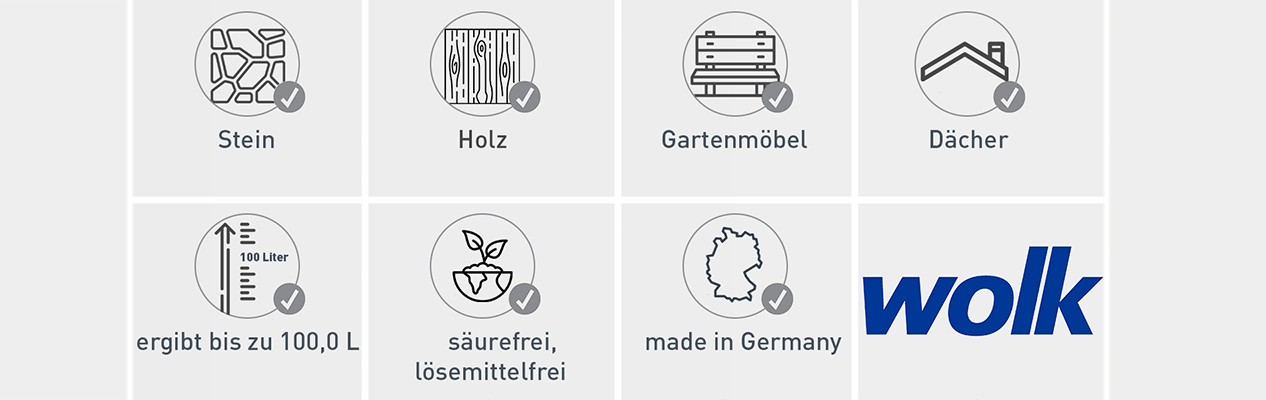 uebersicht geeignet für Stein, Holz, Gartenmöbel, Daecher Ergibt bis zu 100 Liter, saurefrei, loesemittelfrei, made in Germany