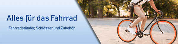 Zweigeteiltes Bannerbild. Links steht geschrieben: Alles für das Fahrrad. Fahrradständer, Schlösser und Zubehör. Auf der rechten Seite ist ein Bild von einem Mann auf einem orangenen Fahrrad.