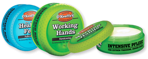 O'Keeffe's Working Hands Promologo mit den verschiedenen Produkten