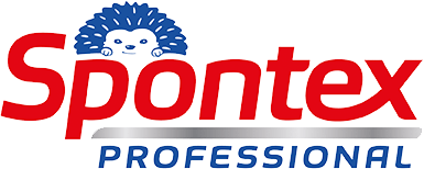 Spontex Logo auf dem Spontex Professional geschrieben steht. Über dem p und dem o befindet sich ein blauer Igel in Frontalansicht.