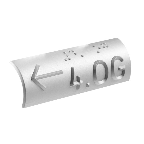 Taktiles Schild mit der Aufschrift 4. OG darunter der Text in Brailleschrift