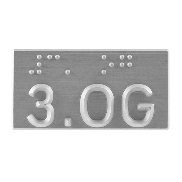Taktiles Schild mit der Aufschrift 3. OG darunter der Text in Brailleschrift