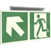 Fahnenschild Fluchtwege langnachleuchtend Notausgang links aufwärts mit Zusatzzeichen
