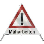 SafetyMarking Warnpyramide mit Symbol Ausrufezeichen Faltsignal mit Text: Mäharbeiten