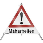 SafetyMarking Warnpyramide mit Symbol Ausrufezeichen Faltsignal mit Text: Mäharbeiten