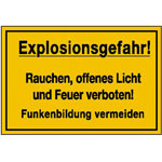 Hinweisschild zur Betriebskennzeichnung Explosionsgefahr! Rauchen, offenes Licht und Feuer