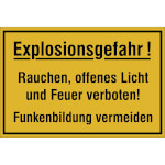 Hinweisschild zur Betriebskennzeichnung Explosionsgefahr! Rauchen, offenes Licht und Feuer