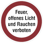 Hinweisschild zur Betriebskennzeichnung Feuer, offenes Licht und Rauchen verboten