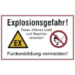 Hinweisschild zur Betriebskennzeichnung Explosionsgefahr! Feuer, offenes Licht und Rauchen