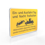 Hinweisschild für Gewerbe und Privat Ein- und Ausfahrt Tag und Nacht freihalten - Gelb