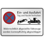 Hinweisschild für Gewerbe und Privat Ein- und Ausfahrt Tag und Nach freihalten Halteverbot - Edelstahloptik