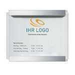 CLEAR Firmenschild individuell beschriftet 1 x 6 mm Sicherheitsglascheibe mit zwei edlen Aluminiumhaltern