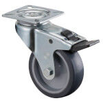 Lenkrolle mit Totalfeststeller, Gabel aus verzinktem Stahlblech, zweiseitiger Kugelkranz, Lauffläche thermoplastischer Gummi, spurlos, Gleitlager