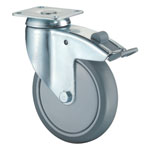 Lenkrolle mit Totalfeststeller, Gabel aus verzinktem Stahlblech, zweiseitiger Kugelkranz, Lauffläche thermoplastischer Gummi, spurlos, Kugellager