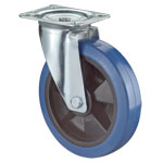 Transportgeräterollen, Lenkrolle, Gabel aus Stahlblech, verzinkt, Lauffläche Elastikreifen blau, spurlos, Radkörper Kunststoff, Rollenkorblager