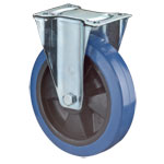 Transportgeräterollen, Bockrolle, Gabel aus Stahlblech, verzinkt, zweireihiger Kugelkranz im Gabelkopf, Lauffläche Elastikreifen blau, spurlos,