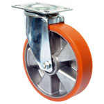 Transportgeräterollen, Lenkrolle, Gabel aus Stahlblech, verzinkt, zweireihiger Kugelkranz im Gabelkopf, Lauffläche Polyurethan,