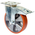 Transportgeräterollen, Lenkrolle mit Totalfeststeller, Gabel aus Stahlblech, zweireihiger Kugelkranz im Gabelkopf, Lauffläche Polyurethan,