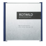 BOX Türschild blau in Edelstahloptik mit einer Abdeckung aus Sicherheitsglas