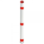 Aluminium-Absperrpfosten rot/weiß mit Reflexstreifen und Kettenkopf herausnehmbar mit Bodenhülse