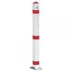 Aluminium-Absperrpfosten rot/weiß mit Reflexstreifen umlegbar auf Bodenplatte