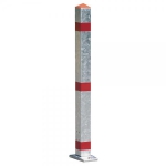 Stahl-Absperrpfosten mit roten Reflexstreifen umlegbar auf Bodenplatte