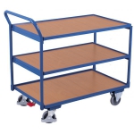VARIOfit® Tischwagen Transportwagen mit Stahlrahmen und 3 Ladeflächen aus Holz, hochstehender Schiebegriff,