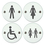 Orbis Türschild rund mit verschiedenen Symbolen rahmenloses Glasschild aus Sicherheitsglas mit Edelstahlhaltern