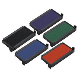 Foto von fünf Stempelkissen, in erster Reihe ein schwarzes und ein blaues, in zweiter Reihe ein blaues und ein grünes und in der dritten und letzten Reihe ein rotes.