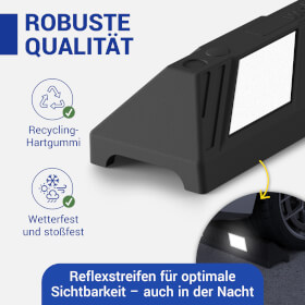 Parkplatzbegrenzung aus Recylinggummi mit weißen Reflexstreifen und integriertem Tragegriff