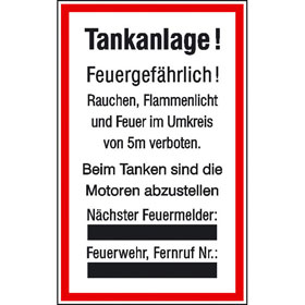 Hinweisschild für Tankanlagen und Garagen Warnhinweise für Tankanlagen