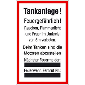 Hinweisschild fr Tankanlagen und Garagen Warnhinweise fr Tankanlagen