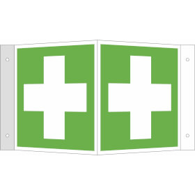 Rettungsschild - nachleuchtend Winkelschild,  Symbol:  Erste Hilfe