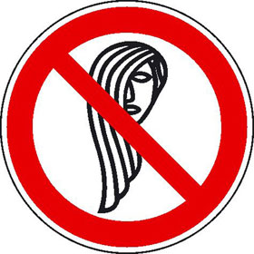 Verbotsschild auf Bogen Bedienung mit langen Haaren verboten