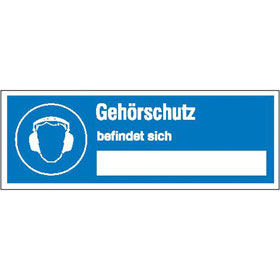 Hinweisschild auf Sicherheitseinrichtung Gehrschutz befindet sich...