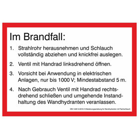Hinweisschilder Brandschutz Bedienungsanleitung für Wandydranten mit Flachschlauch