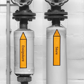 Rohrleitungskennzeichnung / Pfeilschild Gruppe 6 Säuren (orange) in verschiedenen Versionen