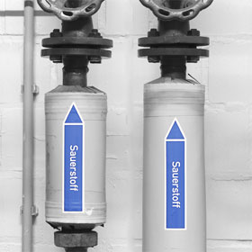 Rohrleitungskennzeichn. / Pfeilschild auf Bogen Gruppe 0 Sauerstoff (blau) in verschiedenen Versionen