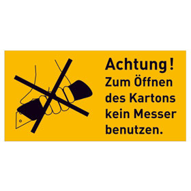Verpackungsetiketten Text: Achtung! Zum Öffnen des Kartons kein Messer benutzen.