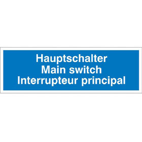 Hinweisschild auf Bogen - Elektrotechnik Hauptschalter 3 - sprachig (D / GB / F)