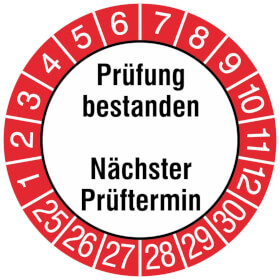Prüfplaketten Prüfung bestanden / Nächster Prüftermin weiß / rot / schwarz