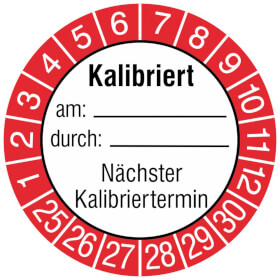 Prüfplaketten - Kalibriert am: durch: Nächster Kalibriertermin, weiß/rot/schwarz
