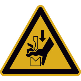 Warnschild Warnung vor Quetschgefahr der Hand zwischen den Werkzeugen einer Presse