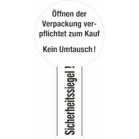 Sicherheitssiegel, 12 Stück auf Bogen Text: Öffnen der Verpackung verpflichtet zum Kauf.