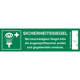 Sicherheitssiegel für Augenspülstation Text: Bei beschädigtem Siegel bitte die Augenspülflaschen prüfen
