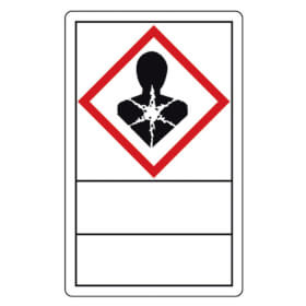 GHS Gefahrensymbole auf Rolle Gafahrstoffetiketten mit Klapplaminat und Beschriftungsfeld