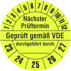 Prfplakette Nchster Prftermin - Geprft gem VDE  -  durchgefhrt durch