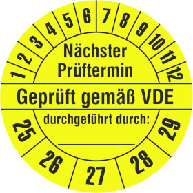 Prüfplakette Nächster Prüftermin - Geprüft gemäß VDE  -  durchgeführt durch